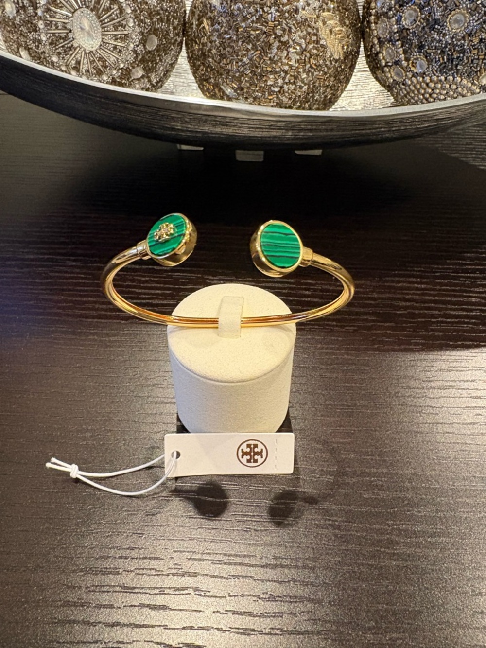 Tory Burch Gold Open Cuff Bracelet with Green Malachite Discs